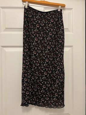 Black Floral Midi Skirt with Slit